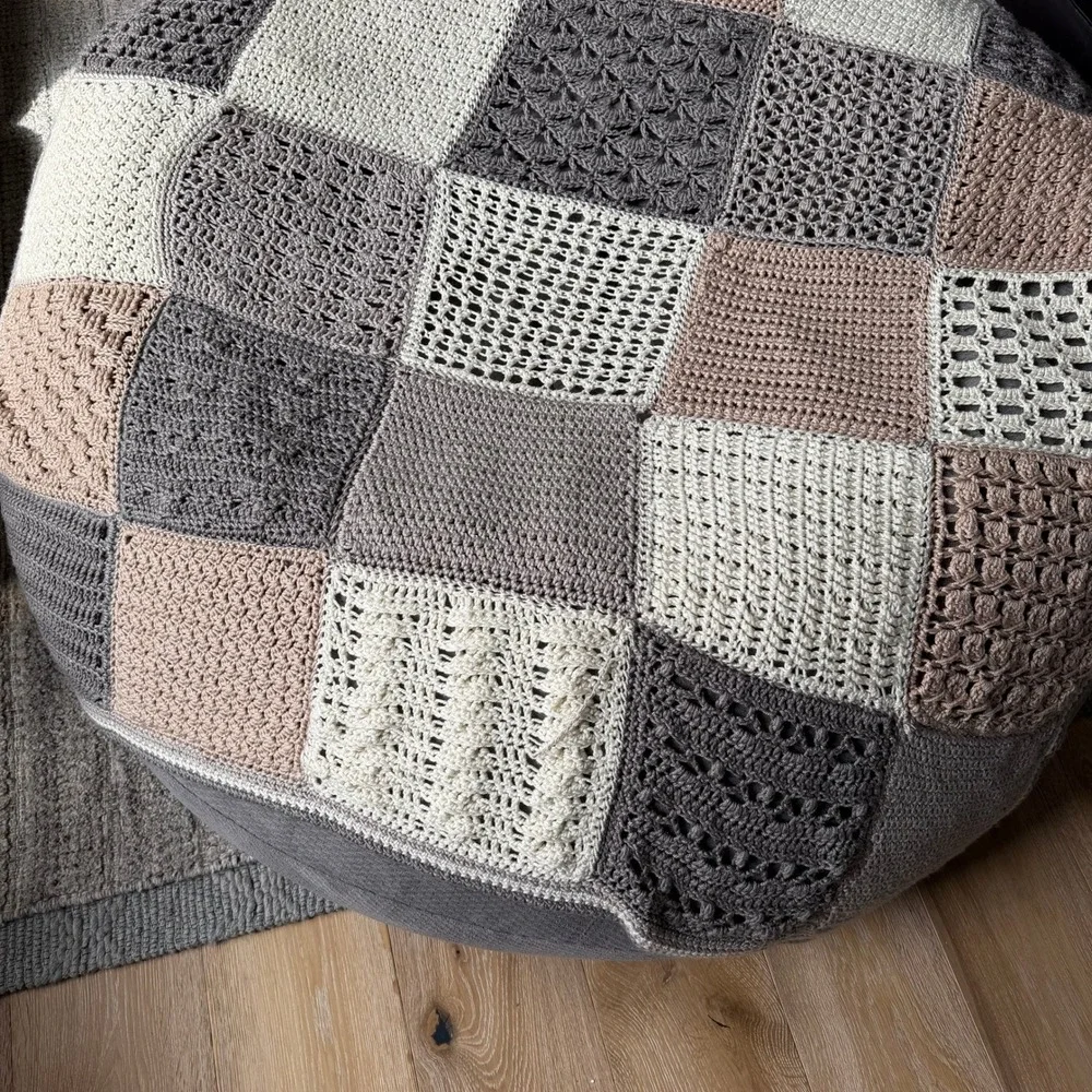 Handmade‎ Crochet Patchwork Blanket Neutral Taupe Grey Cream Throw 62x55 Soft